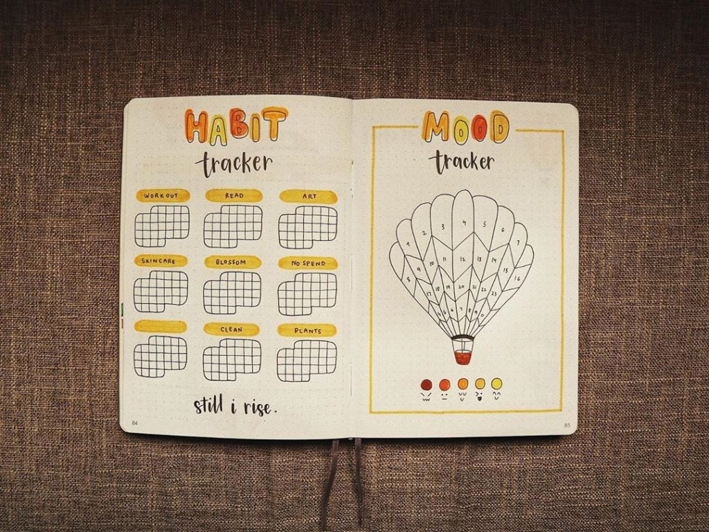 Habit and mood tracker hot air ballon bullet journal