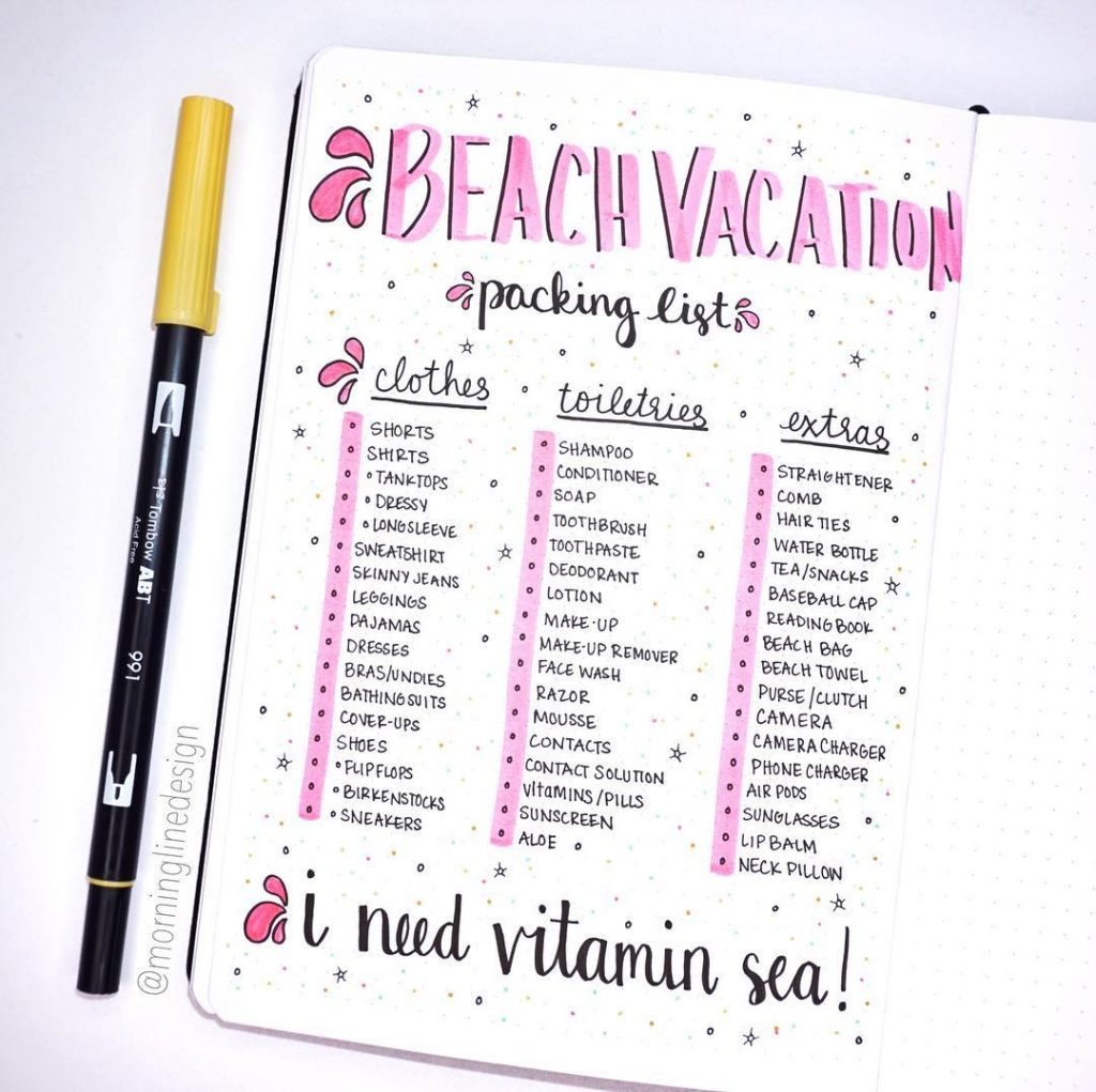 beach vaccation packing list bullet journal