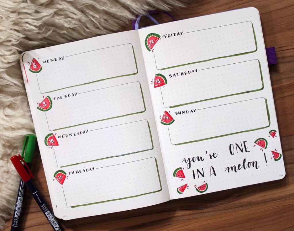 water melon bullet journal weekly spread theme 5