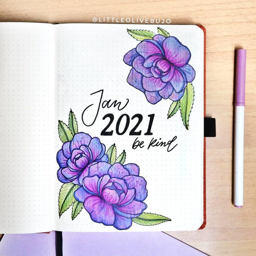 purple peonies 2021 bullet journal cover page ideas