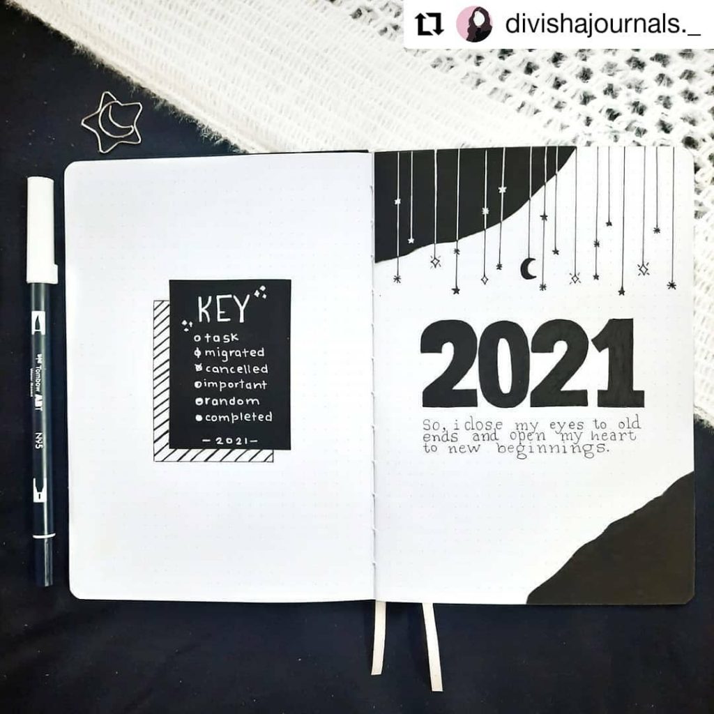 falling stars theme 2021 bullet journal cover page ideas