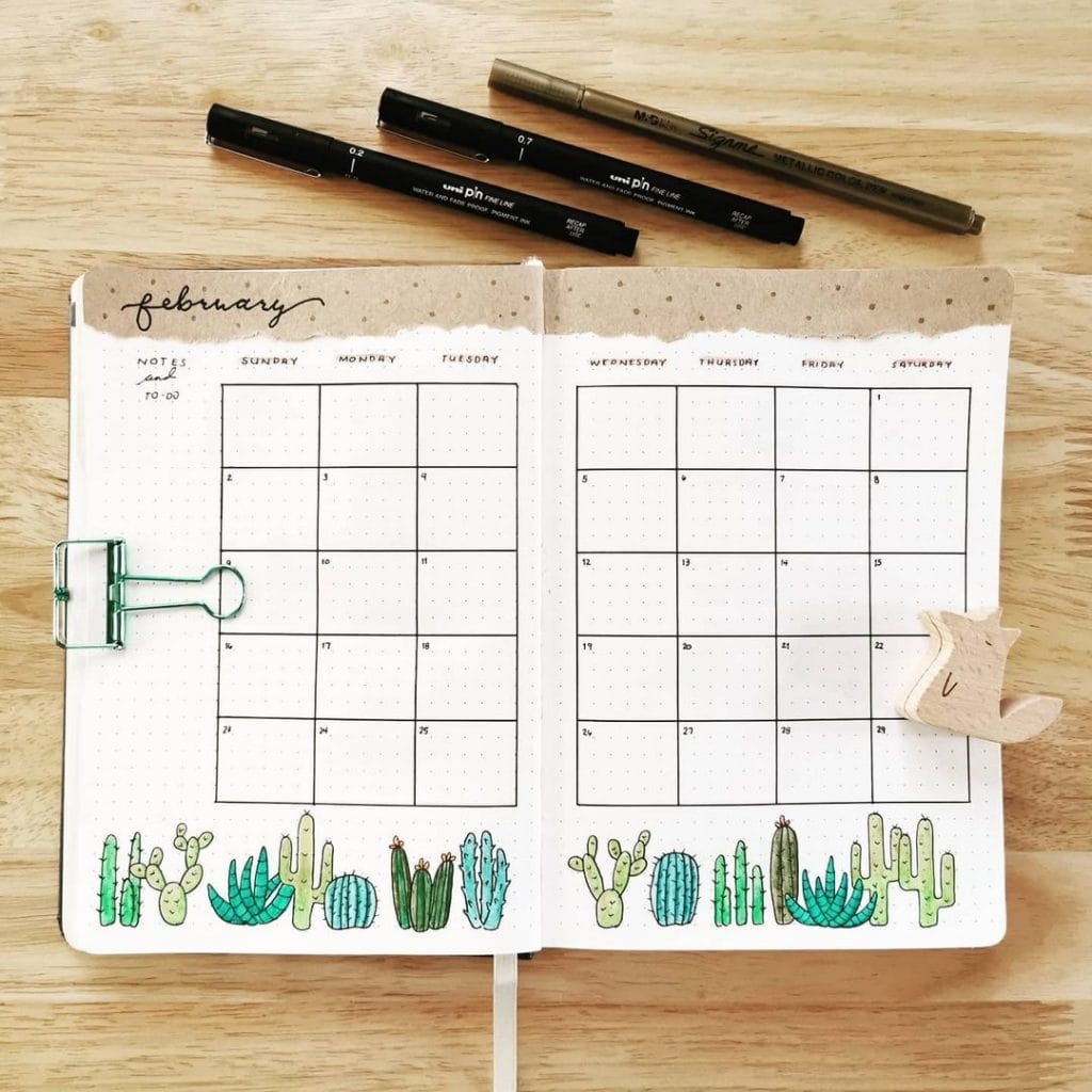 cactus monthly layout february bujo