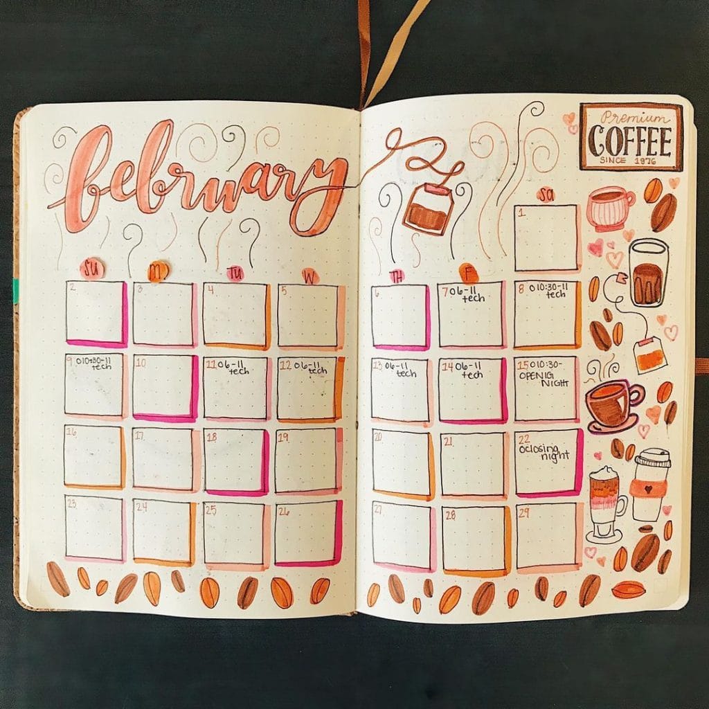 coffee and tea doodles monthly layout february bujo