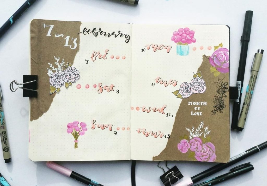 rose weekly layout february bullet journal