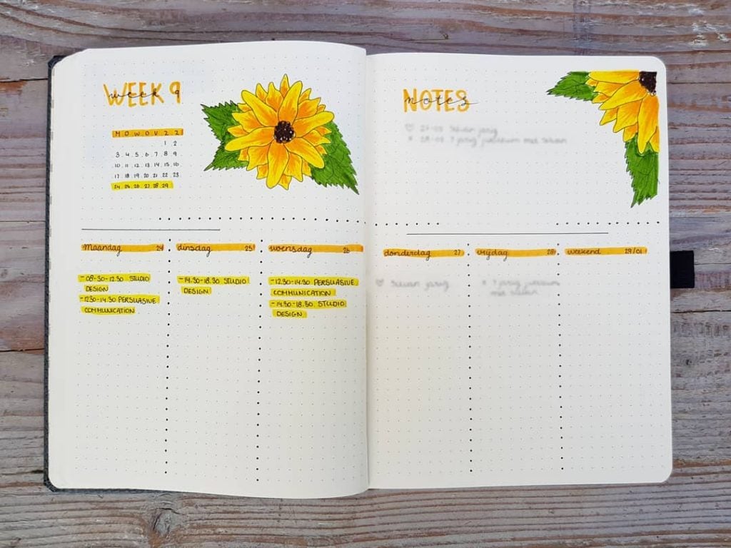 sunflower weekly layout february bullet journal