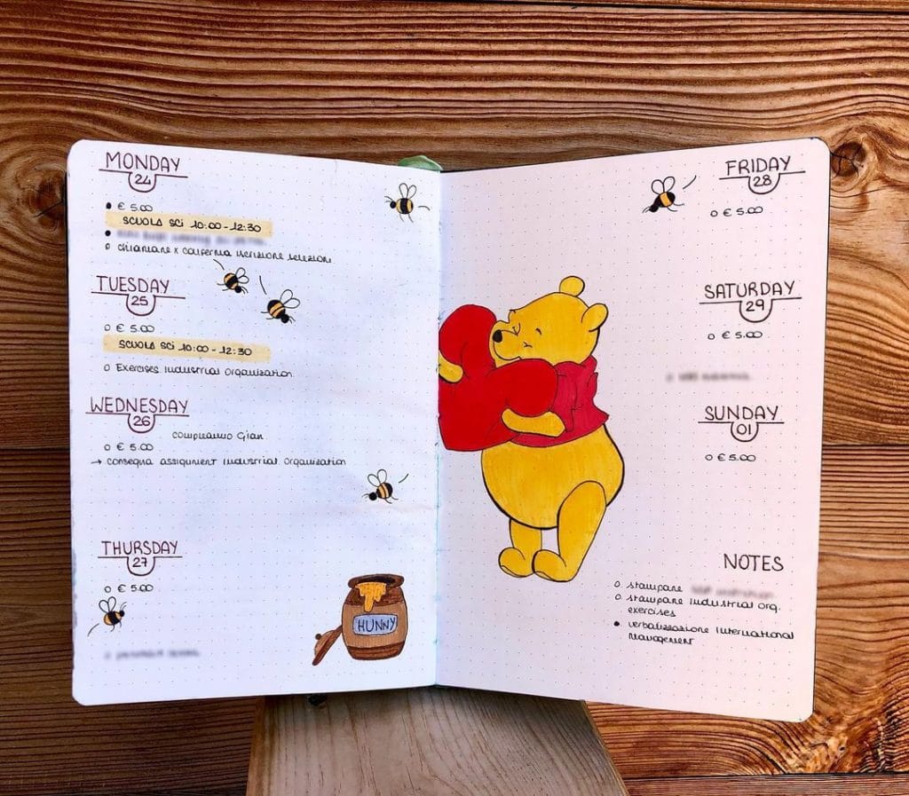 winnie-the-pooh weekly layout february bullet journal