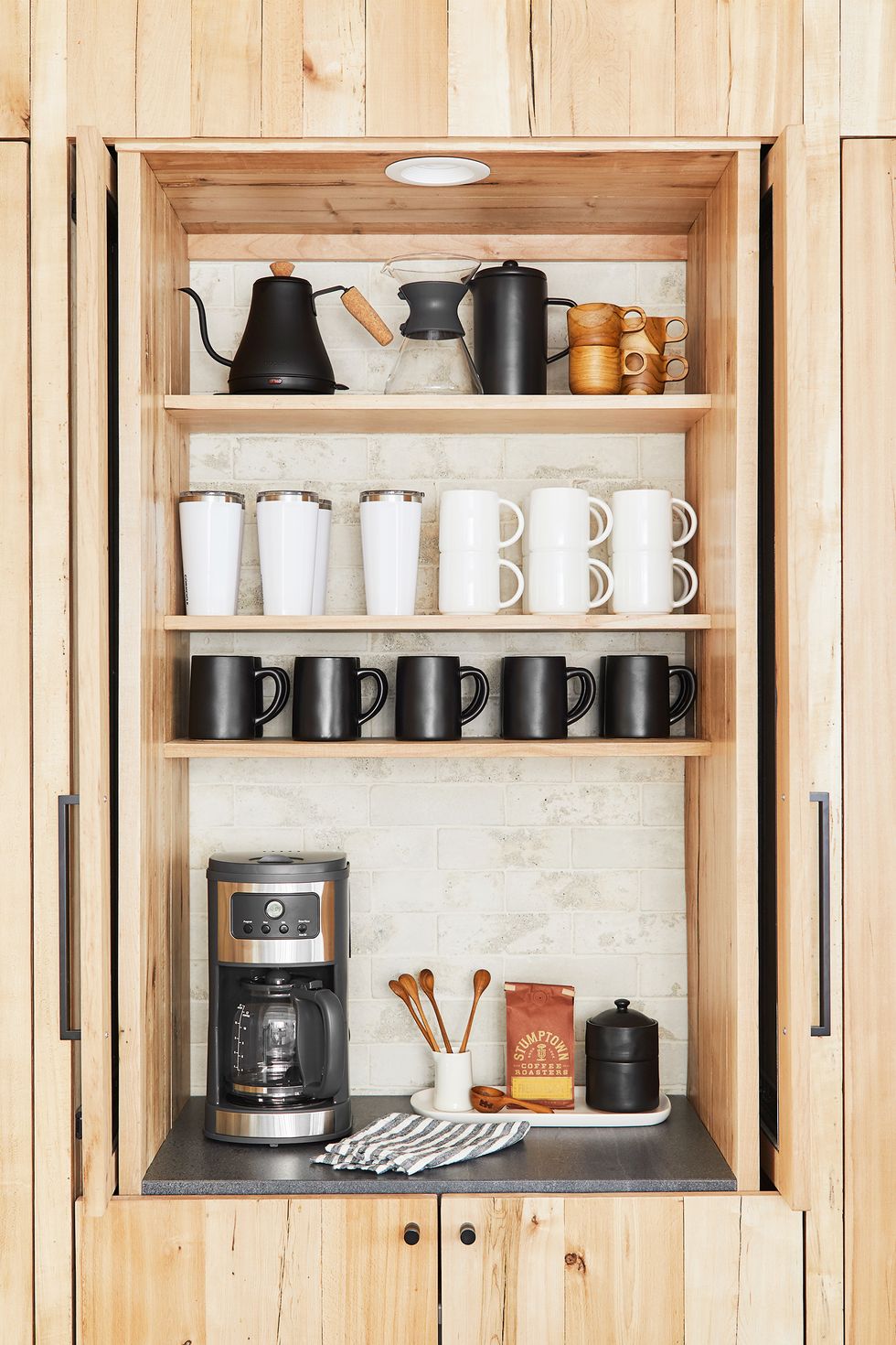 Black and White Coffee Corner With Cabinet Door