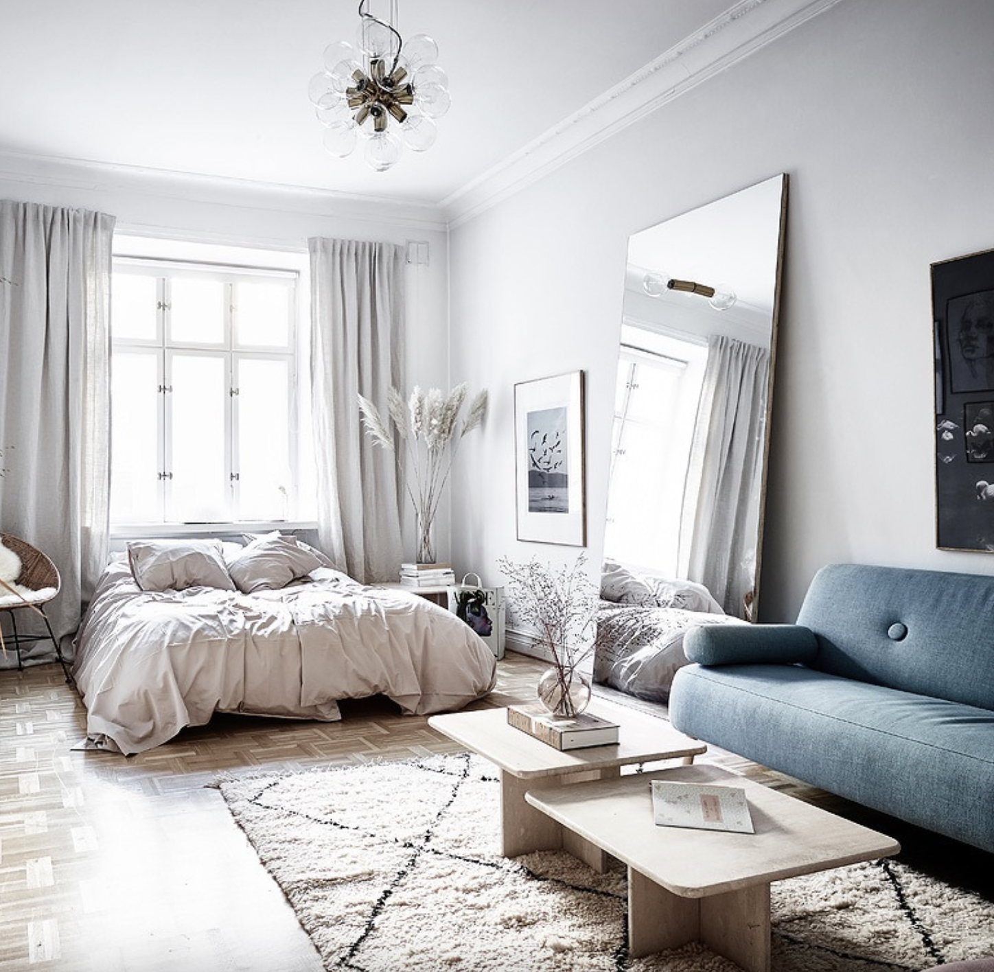 Airy And Chic Nordic Studio Apartment With Neutral Curtain