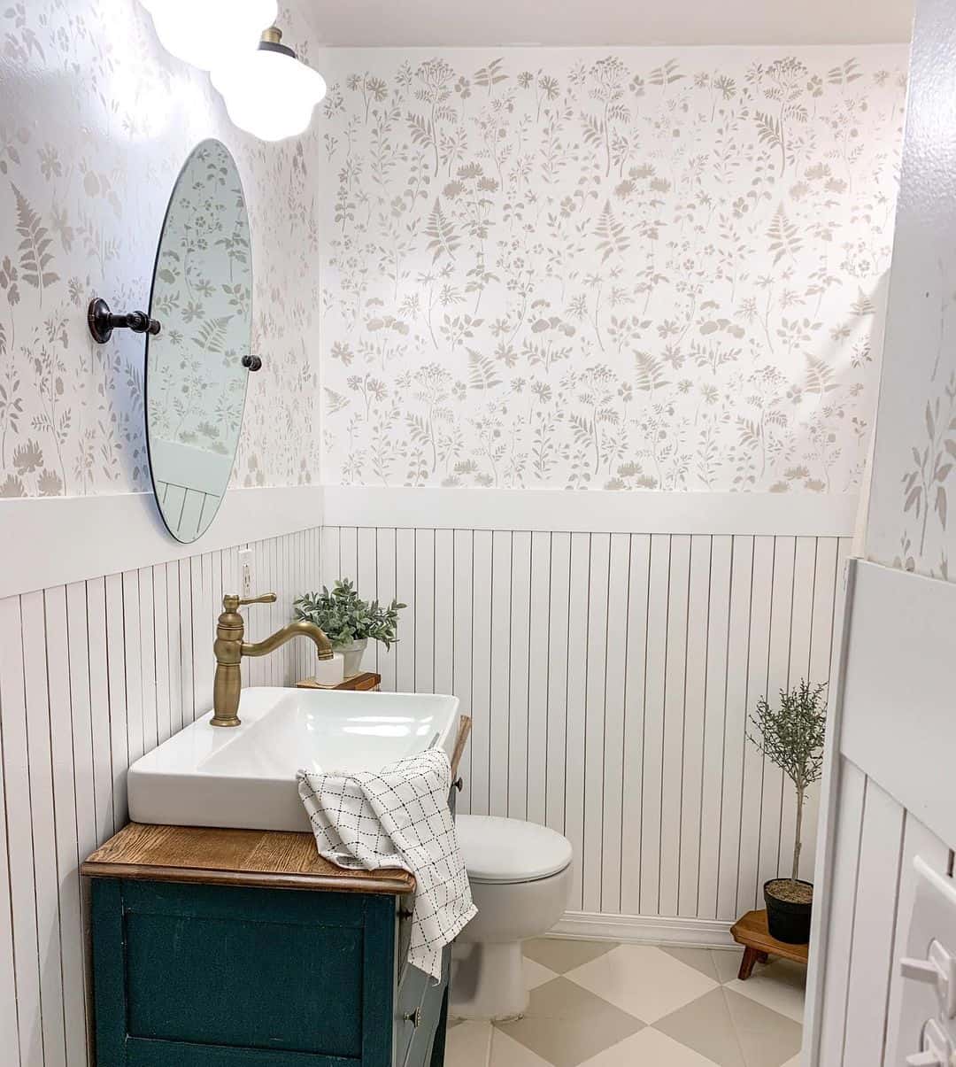 Vertical Shiplap And Floral White Wallpaper Accent Wall For White Bathroom