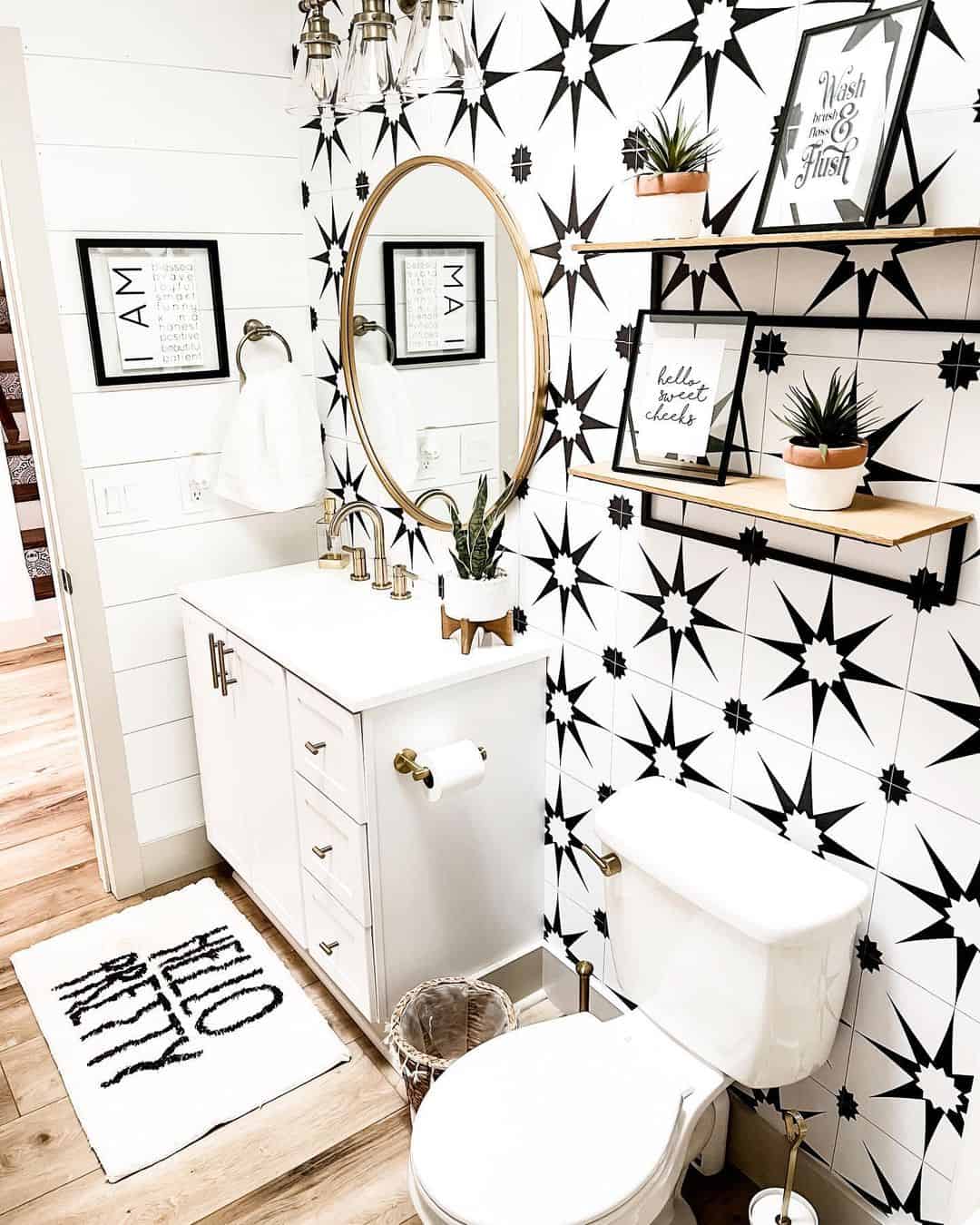 Black And White Tiles And Open Shelves Accent Wall