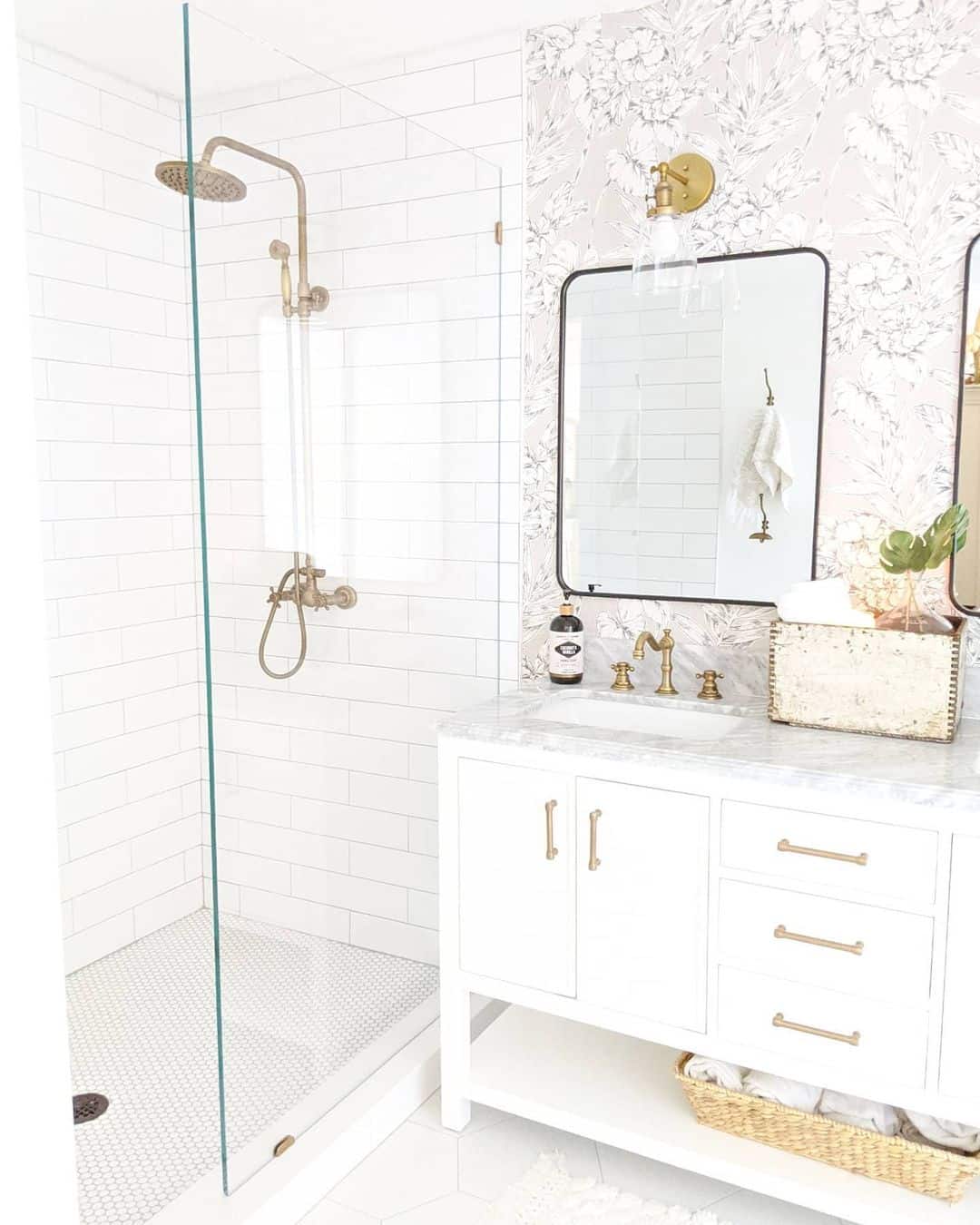 White And Gold Bathroom Accent wall With Accessories