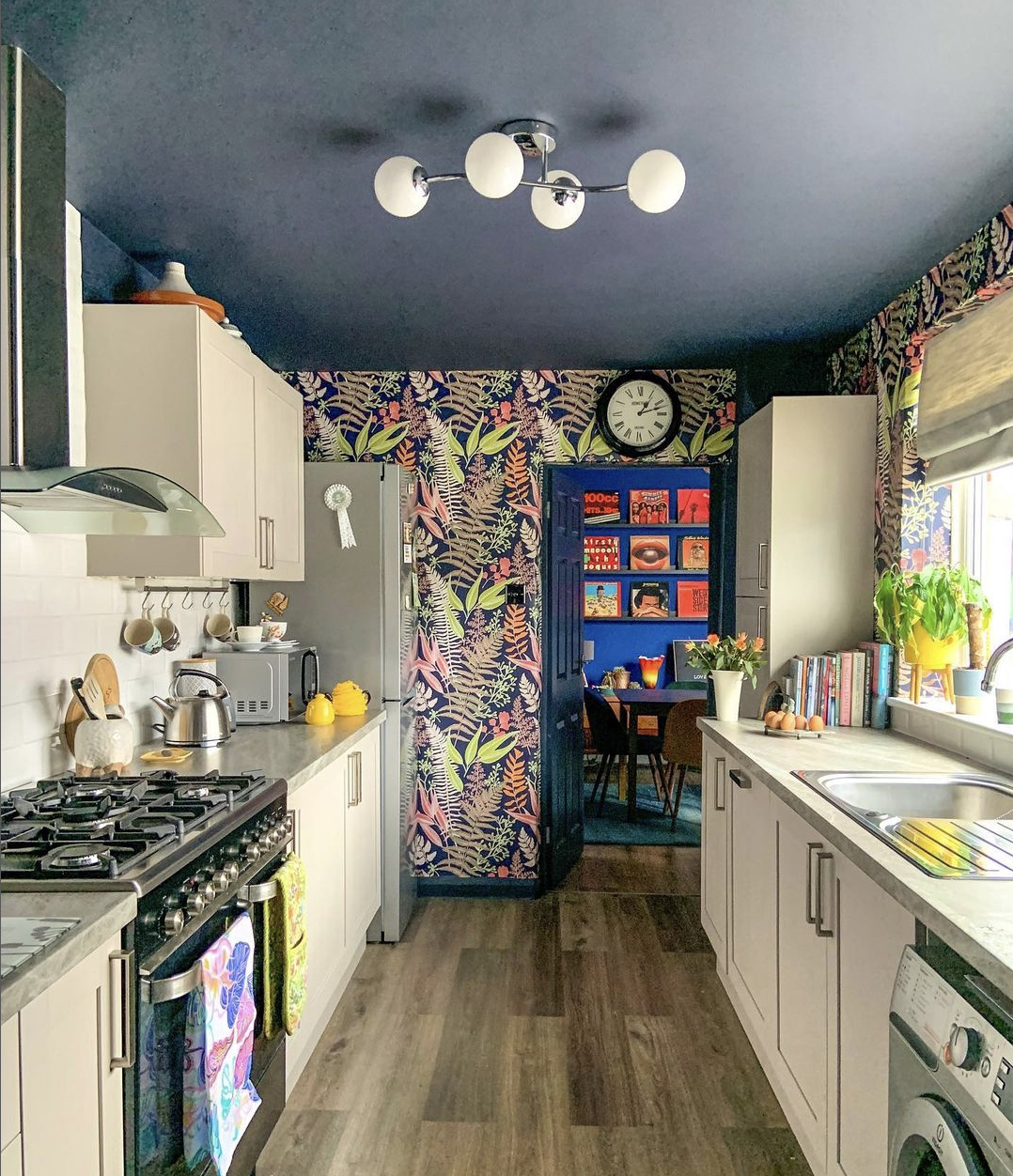 Get Colorful With A Colorful Wallpaper For A Traditional Galley Kitchen