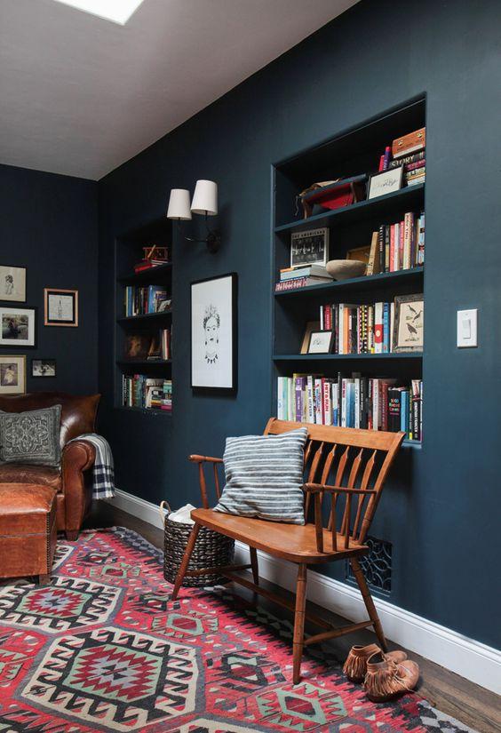 Built-Ins Bookcase On Blue Accent wall