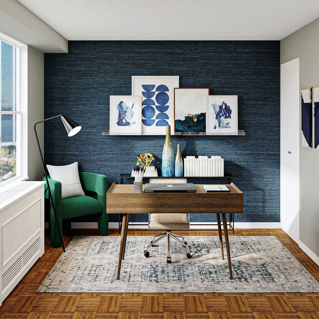 Art Display On Navy Wallpaper Accent Wall