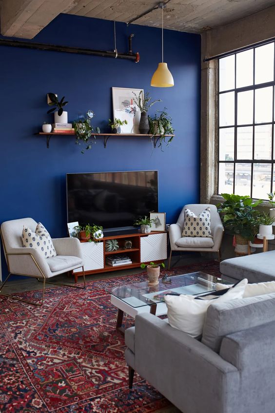 Blue Living Room Accent Wall With Cream Furniture