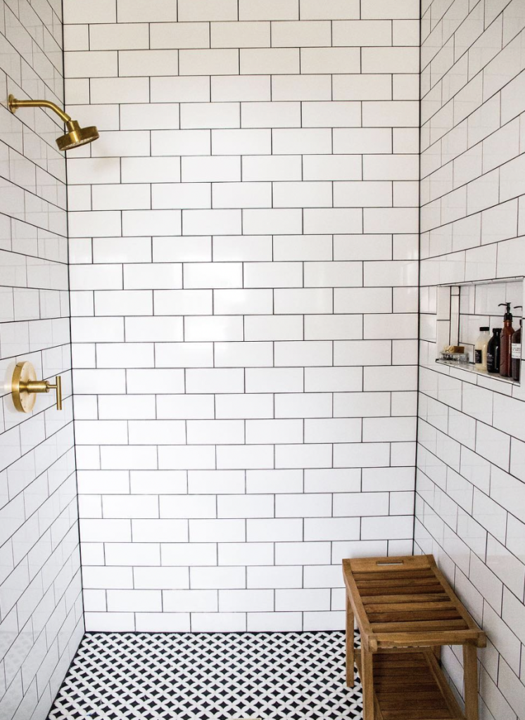 Subway Tiles Shower Layout With Wooden Bench