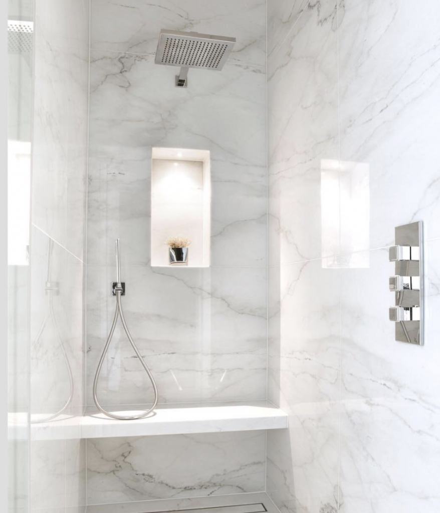 Marble Walk-In Shower Seat And Buil-In Shelf For Shampoos And Accessories