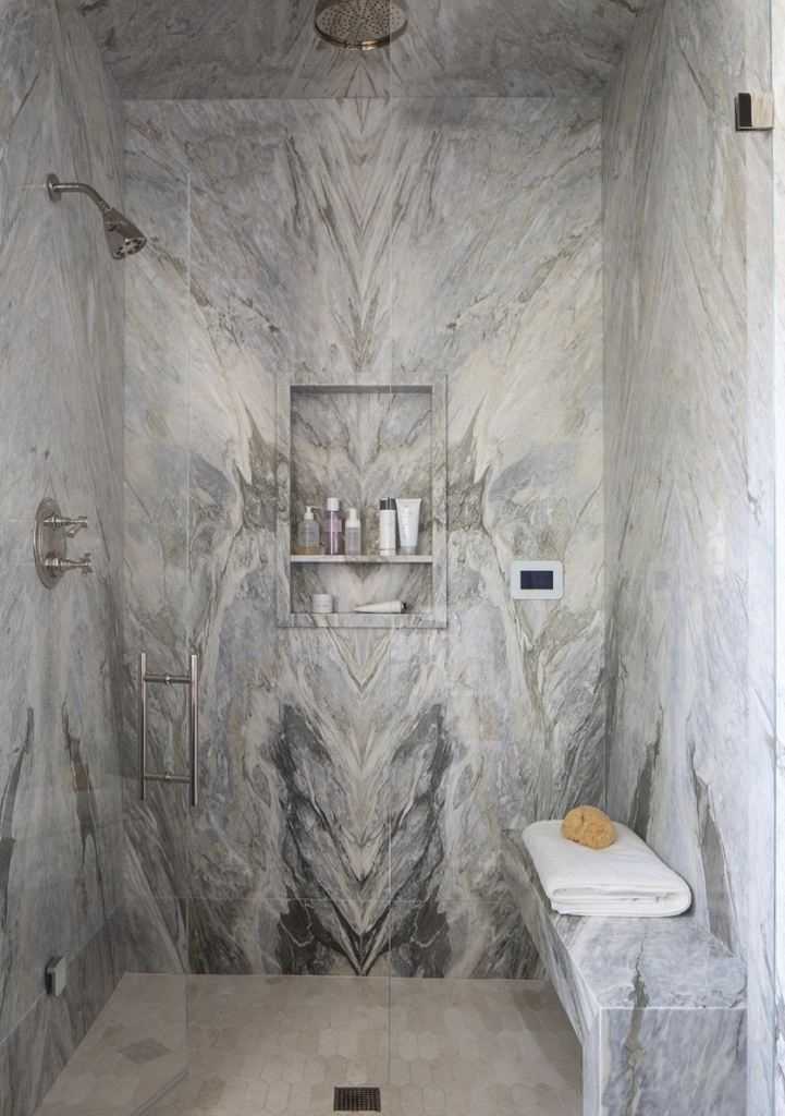 Grey And Black Marble Walk-In Shower Ideas With Bench