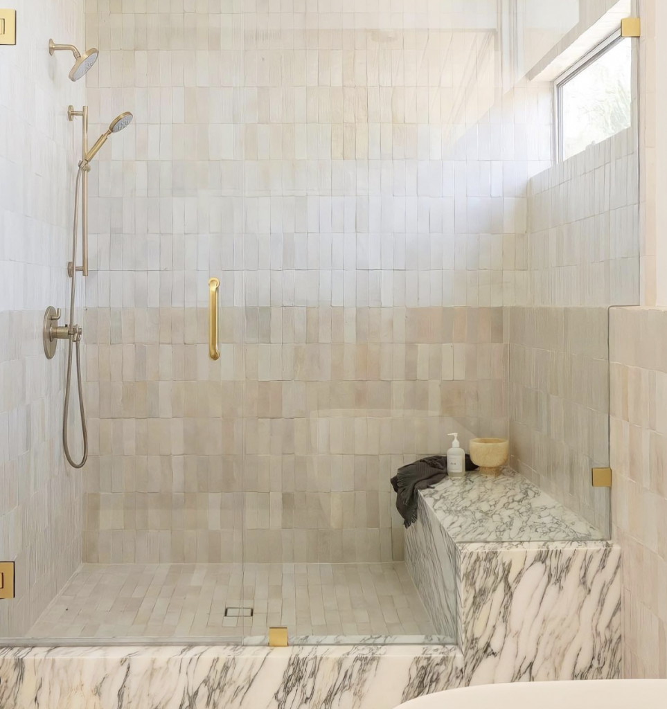 Beige Tiled Shower Niche With Marble Bench