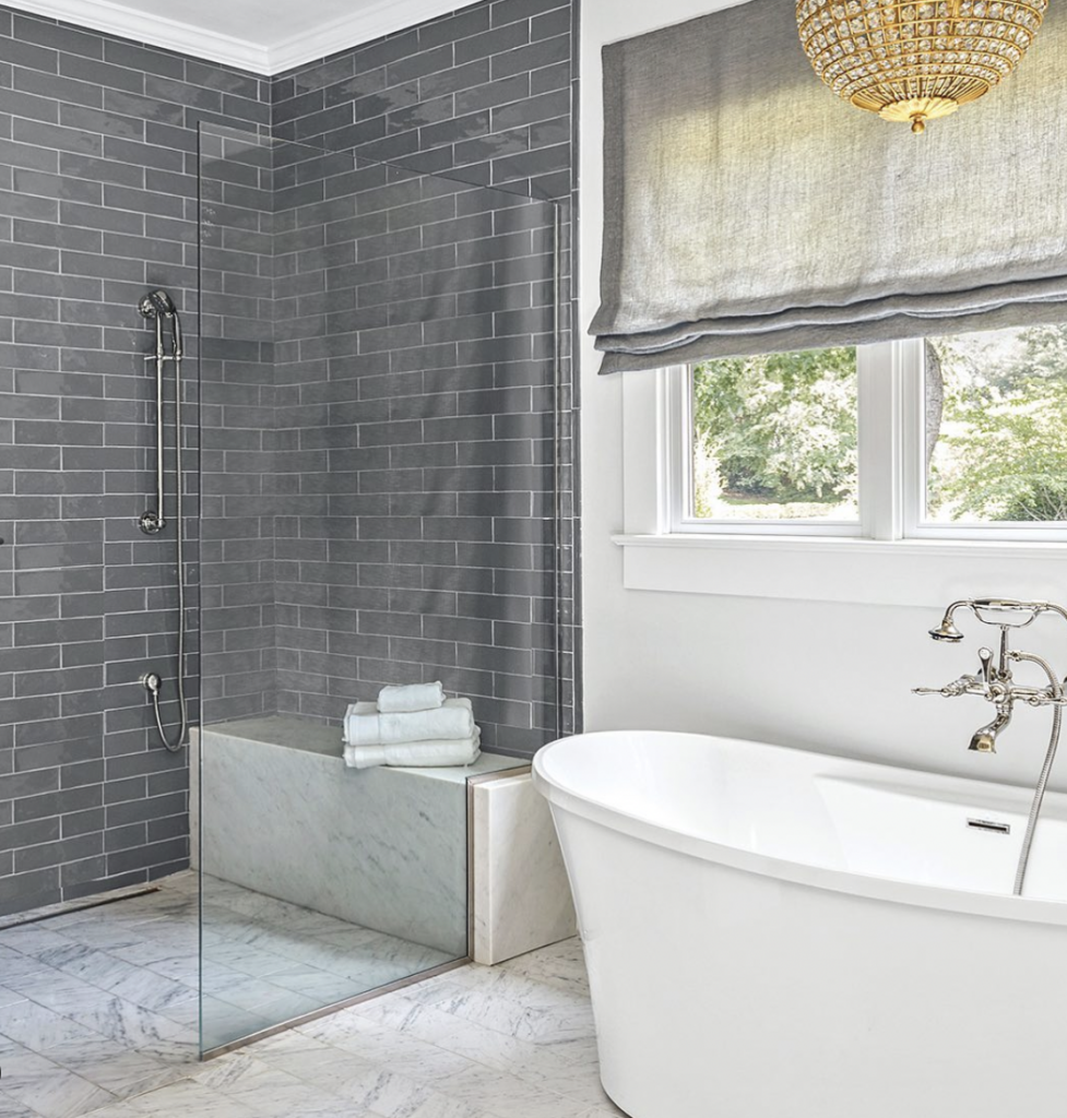 Grey Shower Tiles For White Bathroom And Bench
