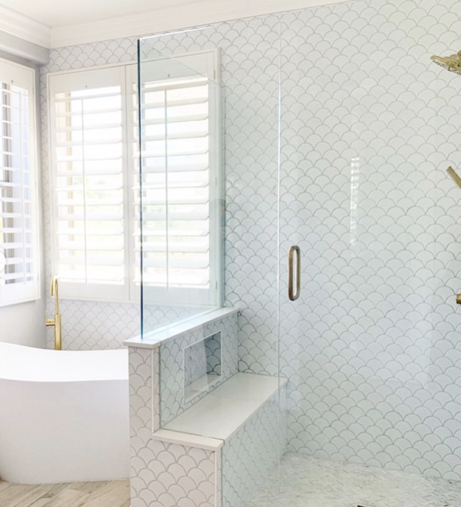 White Tiles, Gold Hardware And Shower Seat Ideas