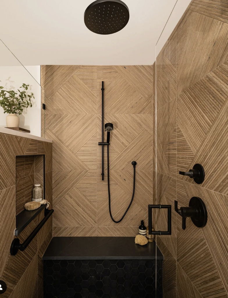 Faux Wood Panel Tiles With Black Hardware 