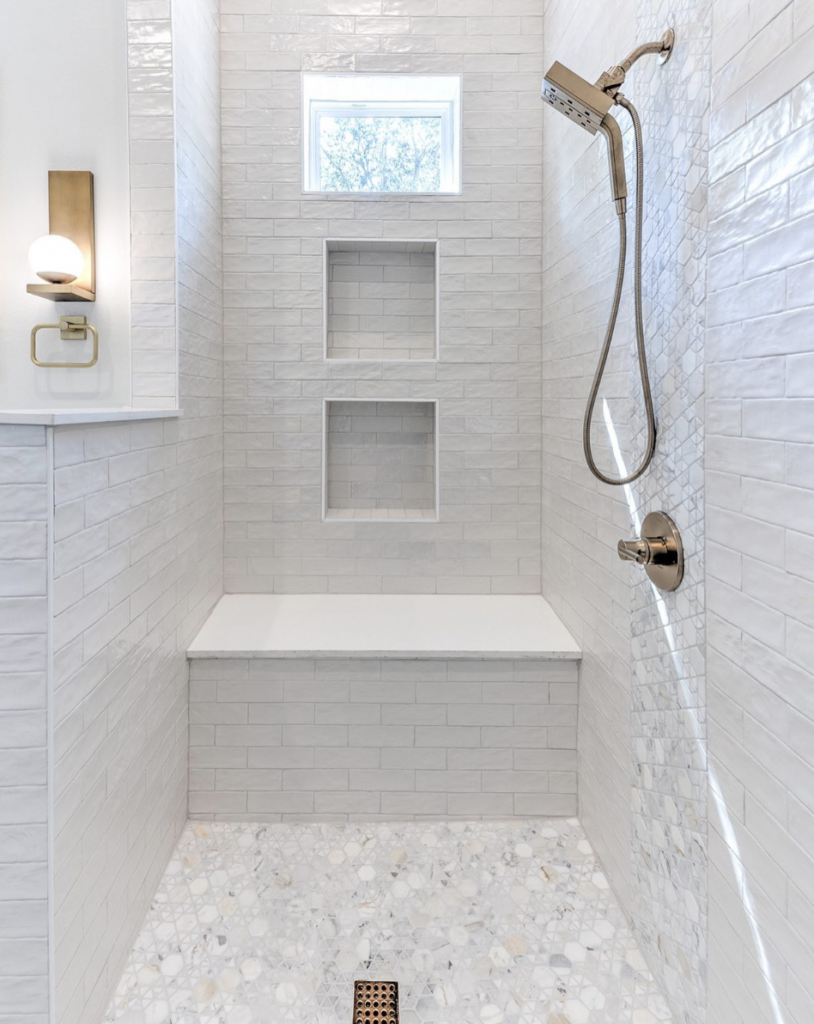 Tile Shower Ideas With Bench And Brass Hardware