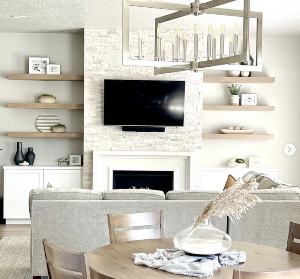 Stone Tile Fireplace With Shelves