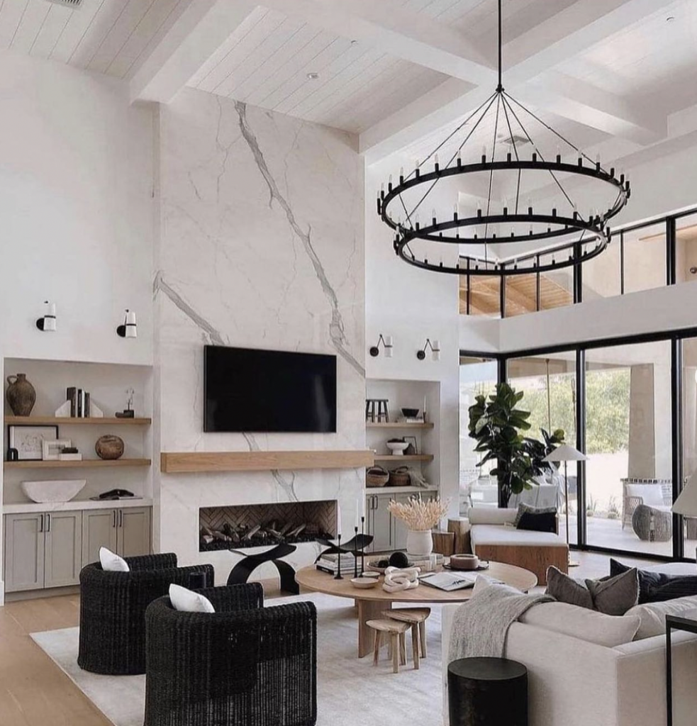 Black And White Living Room With Floating Shelves Fireplace