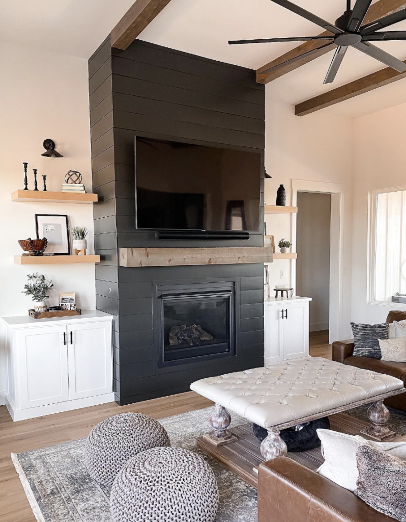 Shiplap Wall Fireplace With Built-Ins On Both Sides