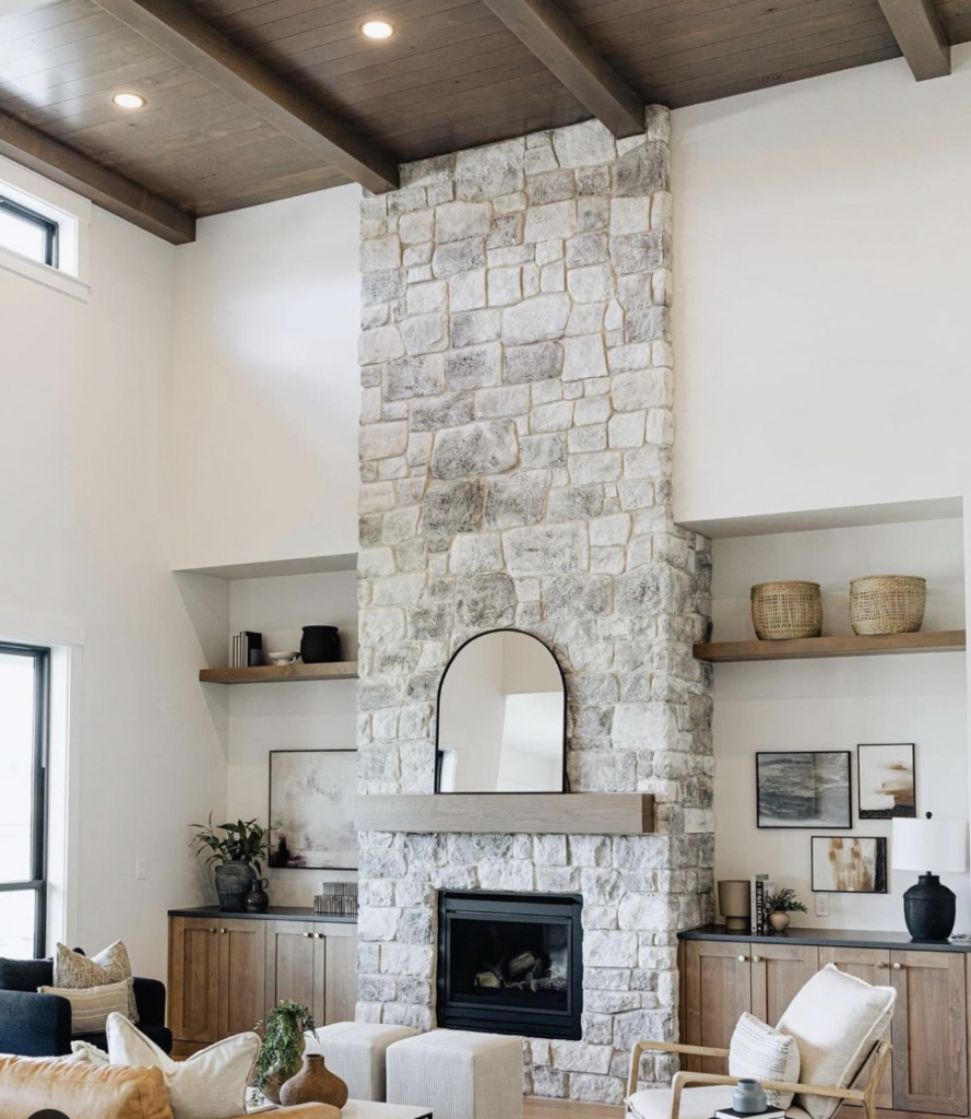 Natural Stone Wall Fireplace Built-Ins Ideas