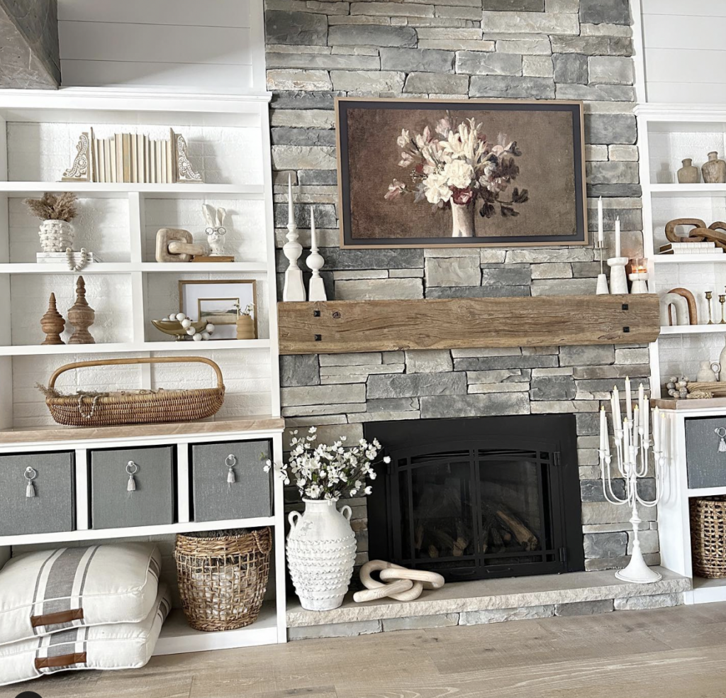 Grey Stone Accent Wall Fireplace With White Open Shelves