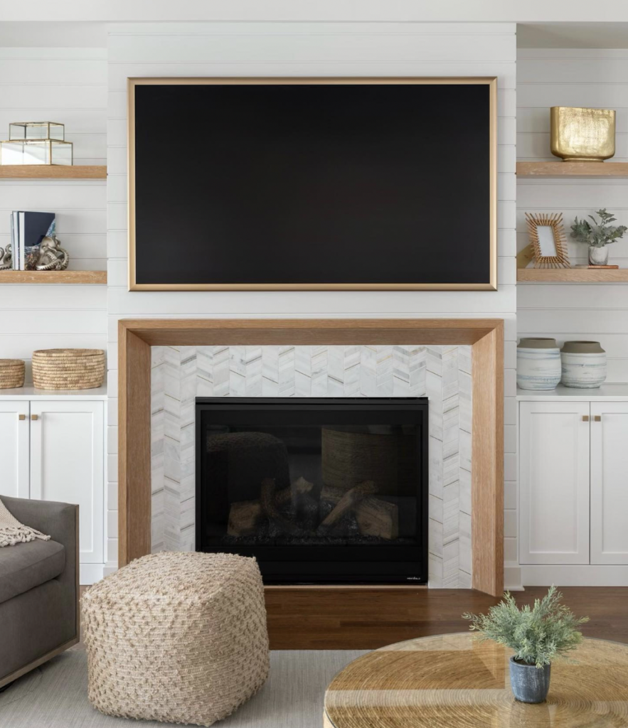 White Fireplace Wall With Wooden Floating Shelves