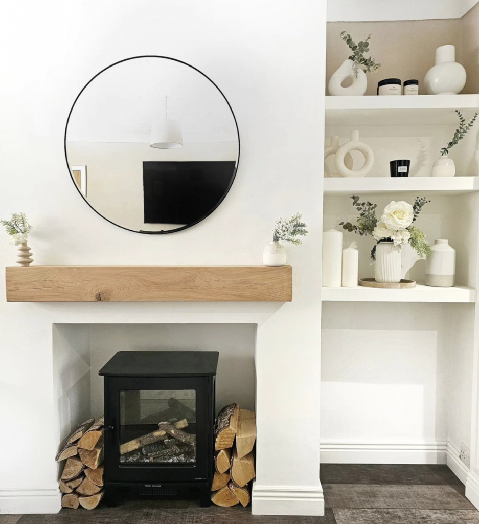 Dark-Wood Floating Shelves By Fireplace