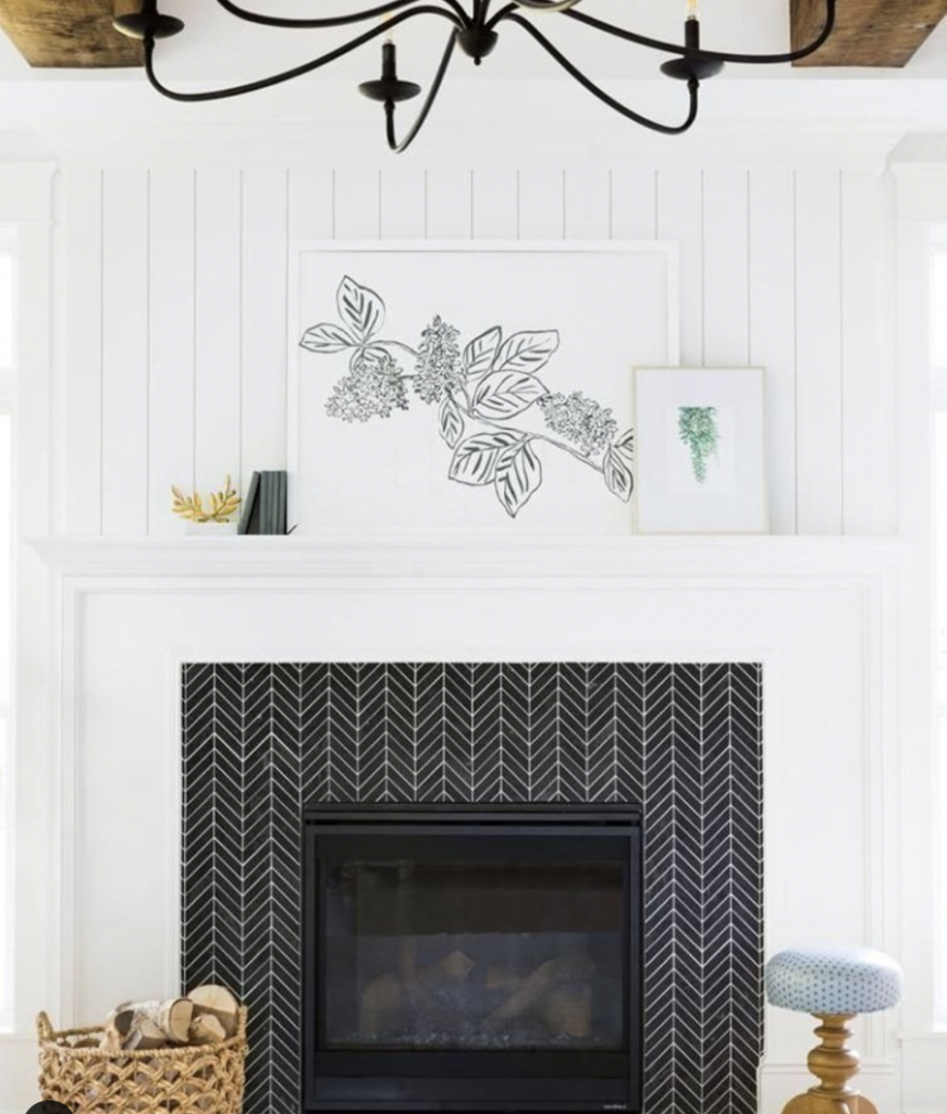 Black Tile Herringbone Fireplace Surround With Classic White Grout