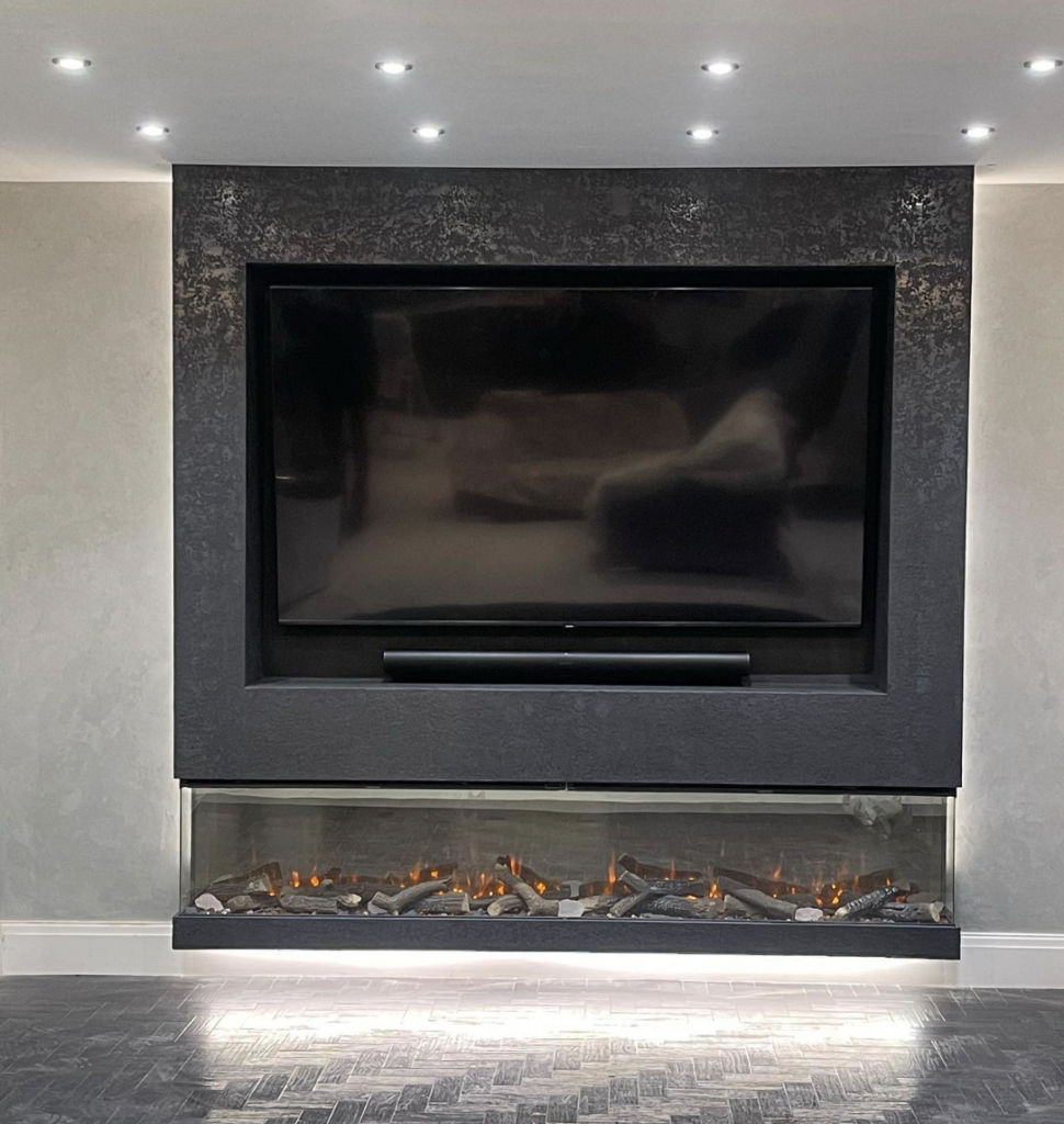 Fireplace Tv Stand Black With Grey Tile Flooring