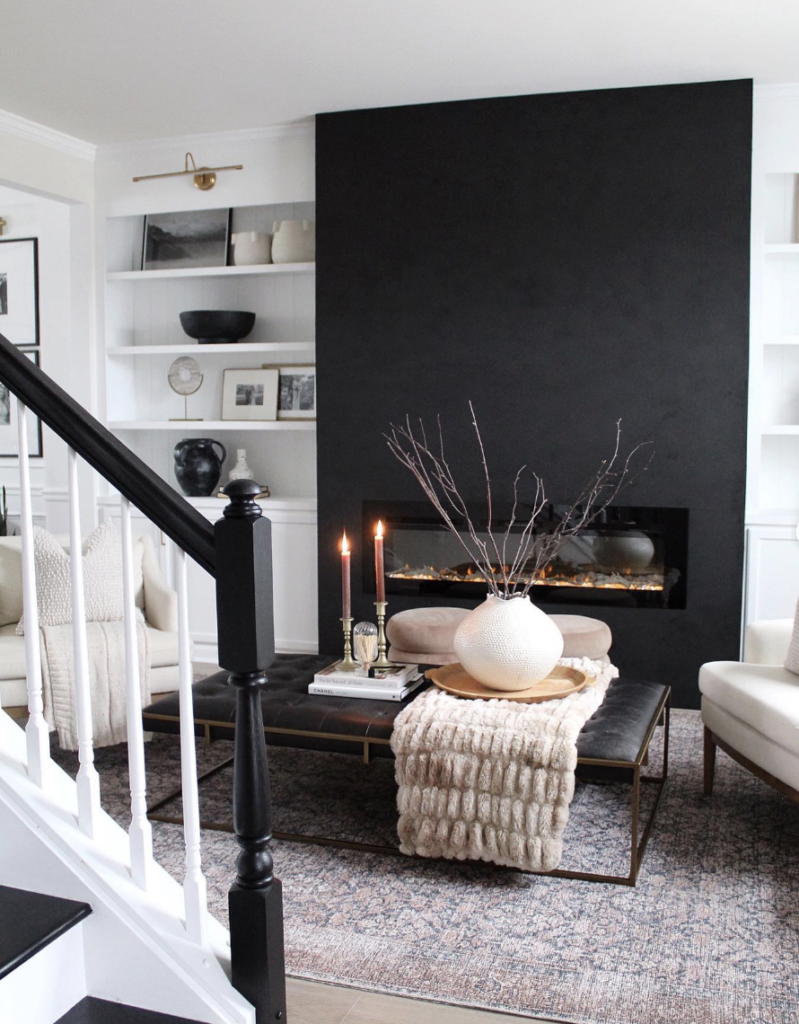 Black Fireplace Accent wall With White Built-Ins On Both Sides