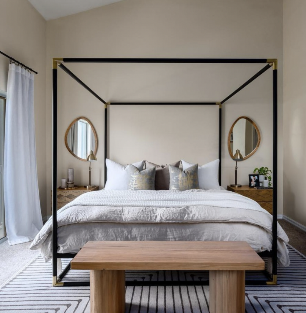 Modern Mirror Above Nightstand In Small Bedroom