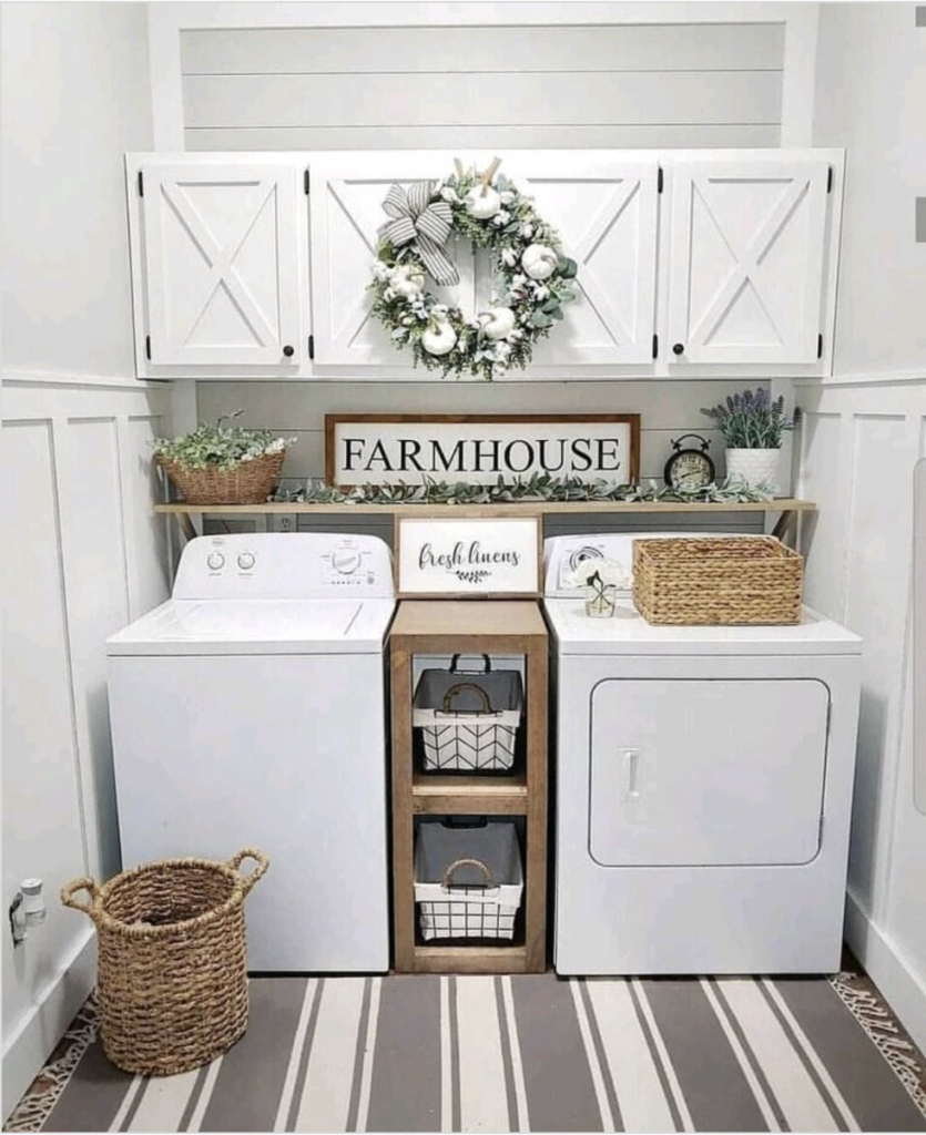 Farmhouse White Laundry Room With Plank Walls And Trims