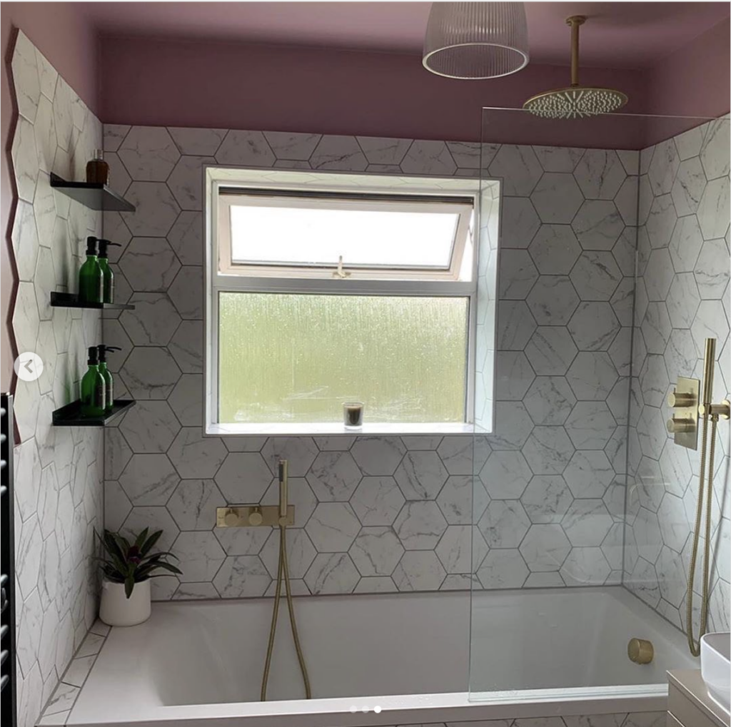 White Marble Tile Backsplash For Pink Bathroom
