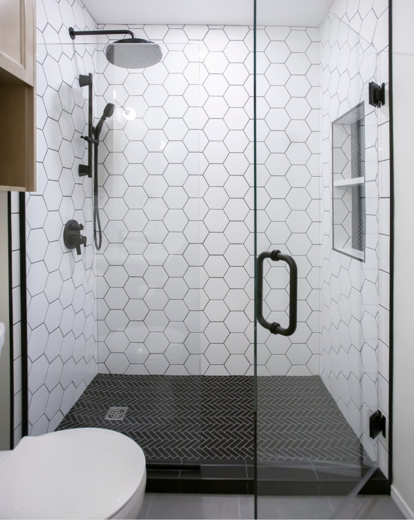 White Tiles, Black Grout Shower With Black Hardware