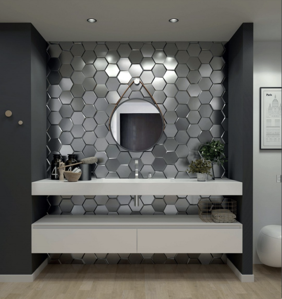 Dark Grey Glass Tile Powder Room