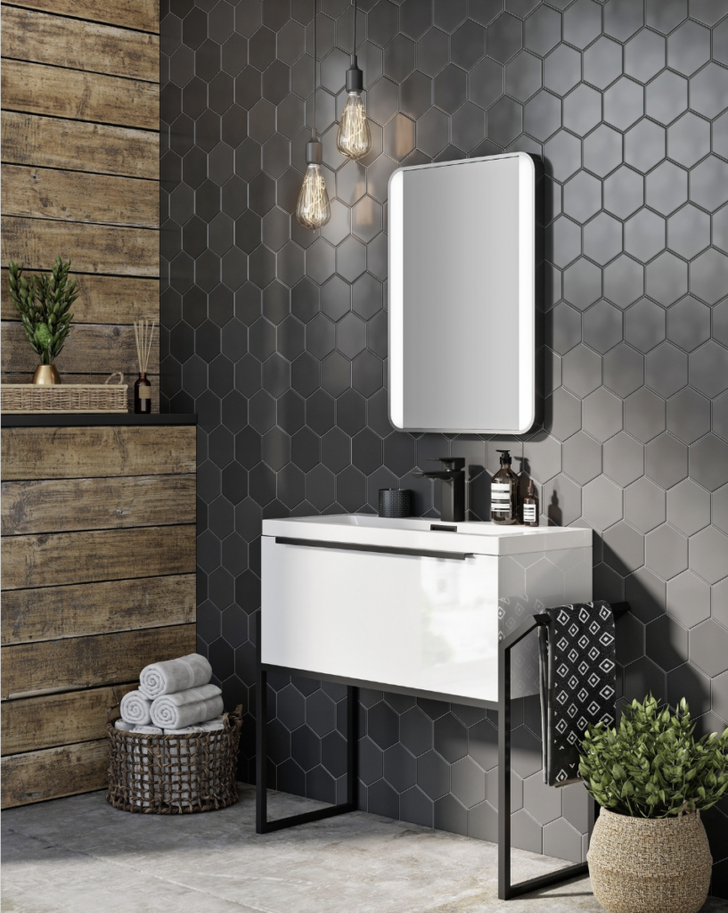 Black Hexagon Tile And Wooden Pallet Accent Wall Bathroom