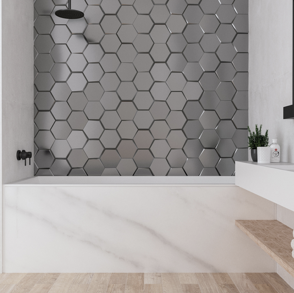 Grey Shower Tiles With White Bathtub