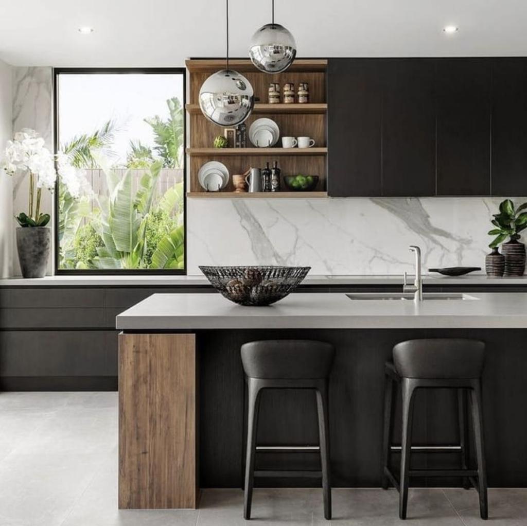 Black Kitchen Cabinets With Grey Quartz Countertops