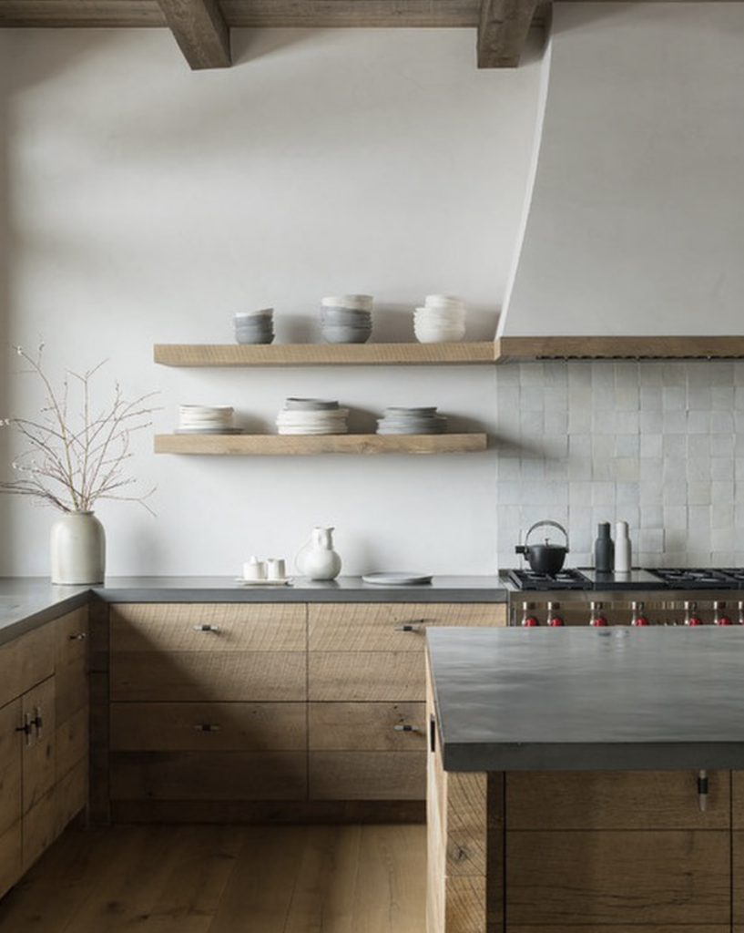 Grey Kitchen With Wooden Waterfall Island