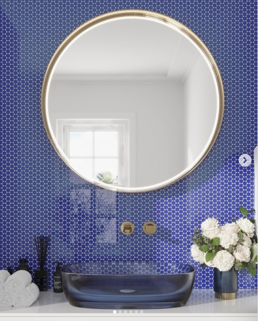 Blue Polish Penny Tile Installation For Bathroom