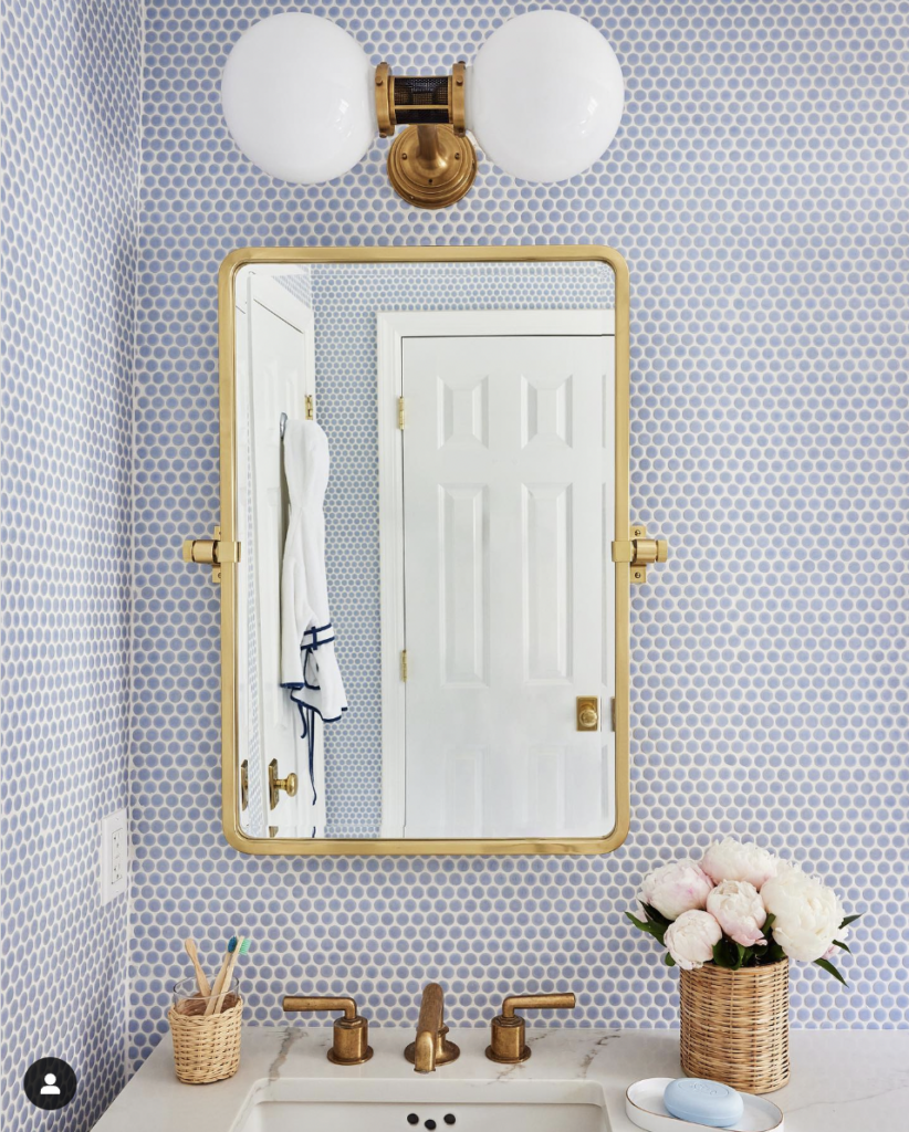 Blue Stone Look Bathroom Glaze Penny Walls With Gold Hardware