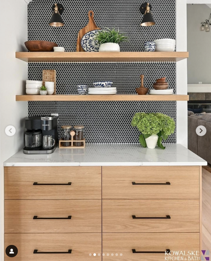 Black Penny Tiles With Wooden Floating Shelves