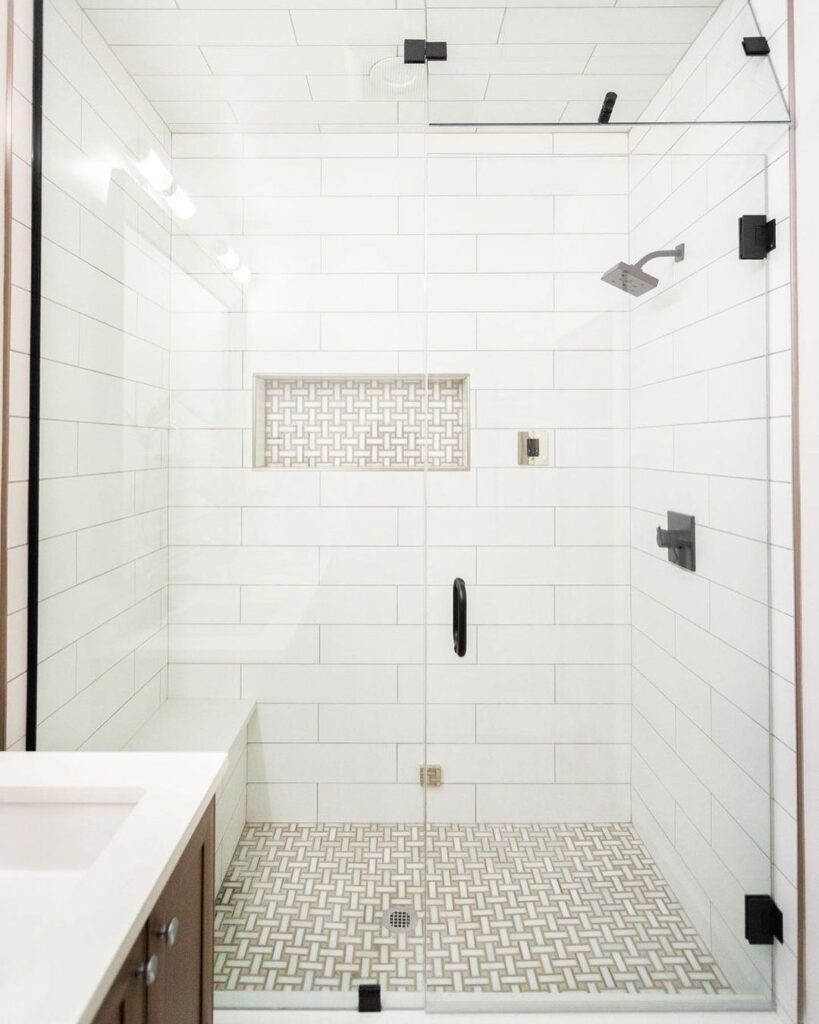 White Subway Tile Small Shower With Bench